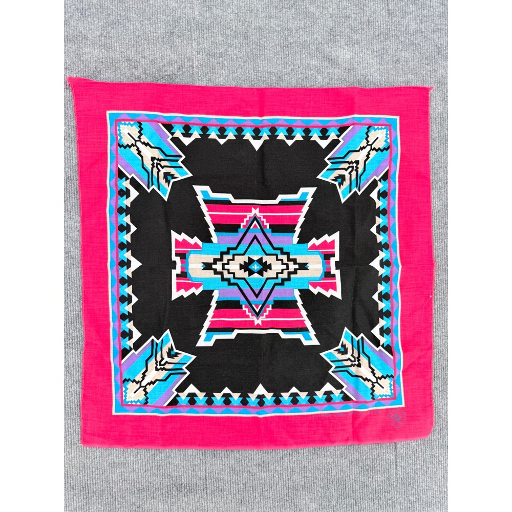 Vintage Pink Southwestern Aztec Bandana Geometric Square Scarf Made in USA